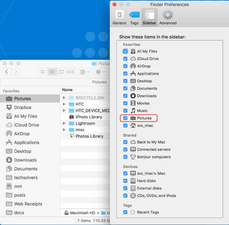 Check Pictures in the Finder Preferences window