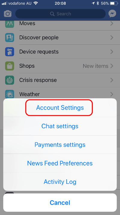 Select Account Settings from your iPhone Facebook menu