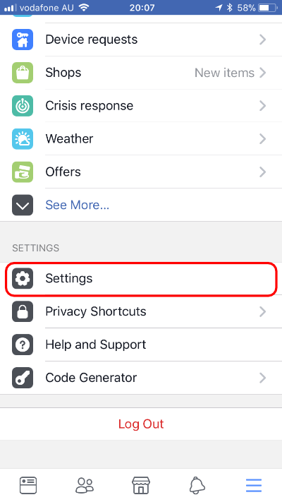 Select settings from your iPhone Facebook menu