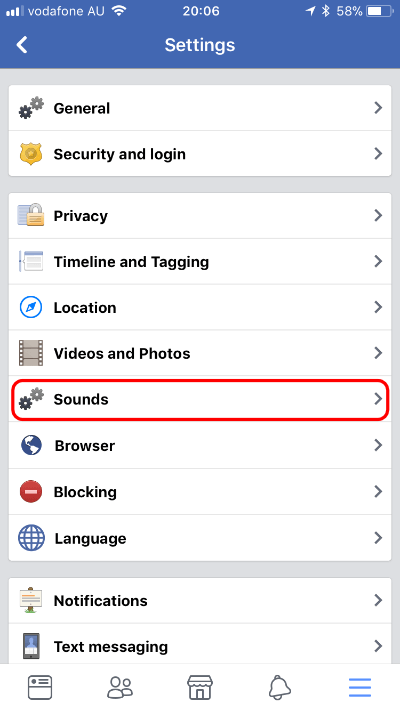 Select Sounds from your iPhone Facebook menu