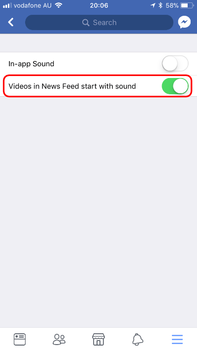 Toggle the Videos in News Feed start with sound option