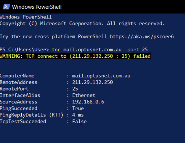 Powershell screen grab showing a failed connectivity test of port 25 on mail.optusnet.com.au